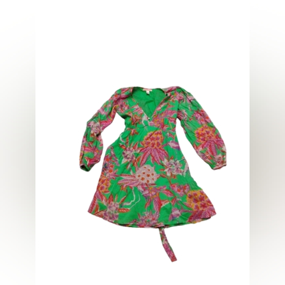 Banjanan Peony Tie Waist Puff Sleeve V Neck Mini Dress Sz Small